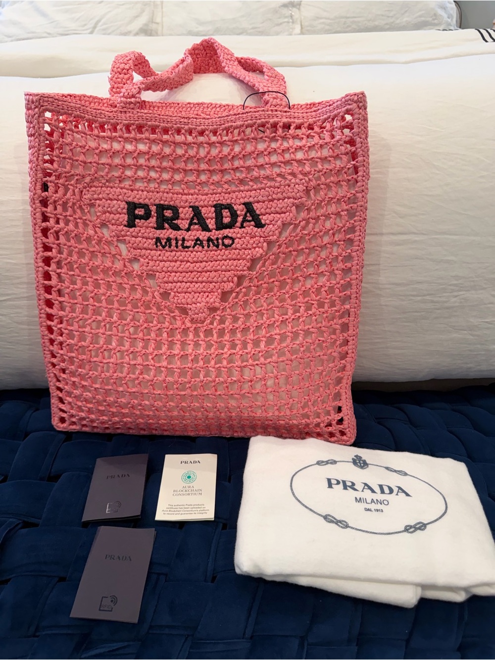 💓NWT Prada Raffia Tote Shopping Bag Beach Purse Crochet Shoulder Triangle Logo - Picture 8 of 11